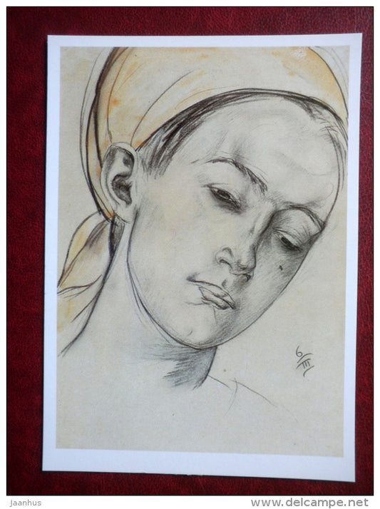 drawing by Kuzma Petrov-Vodkin , Portrait of a Woman , 1912 - russian art - unused - JH Postcards