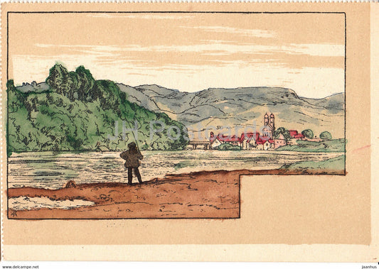 illustration - fisherman - landscape - old postcard - Germany - unused - JH Postcards