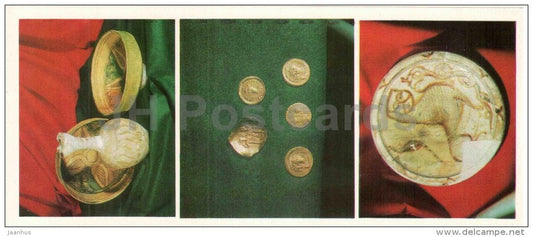 ceramics - golden coins - glazed plate - Chersonesos - archaeology site reserve - 1984 - Ukraine USSR - unused - JH Postcards