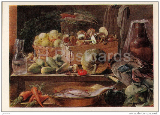 painting by I. Khrutsky - Still Life , 1839 - pumpkin - mushrooms - Russian art - Russia USSR - 1981 - unused - JH Postcards