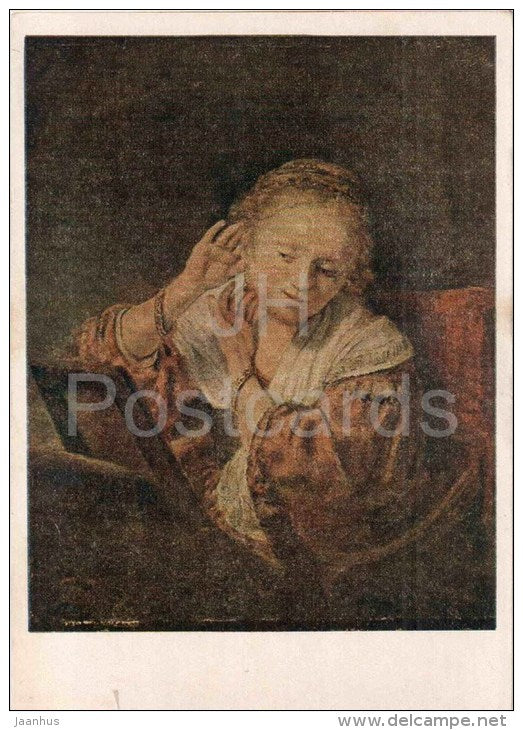 painting by Rembrandt - Girl trying on earrings - woman - dutch art - unused - JH Postcards