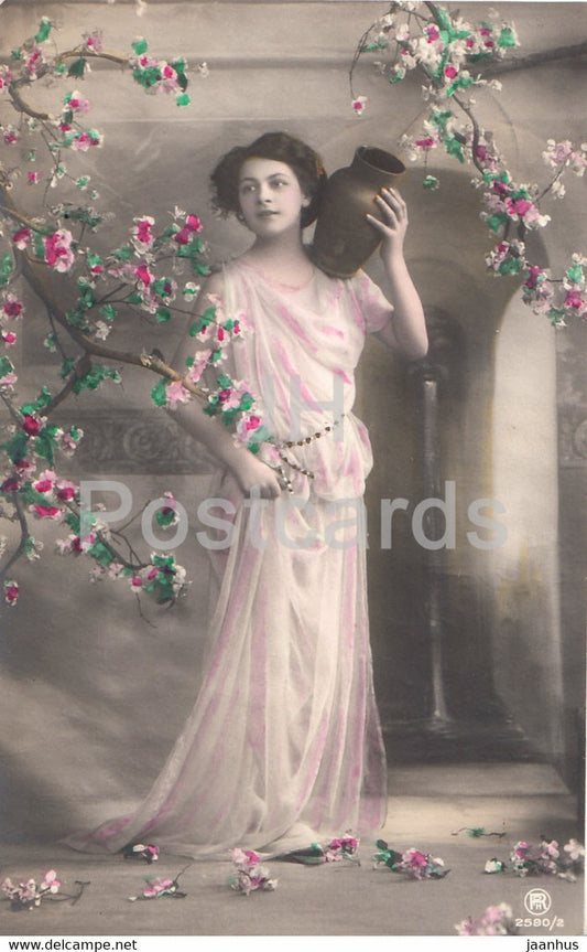 woman - runic letter - 2580/2 - old postcard - 1910 - used - JH Postcards