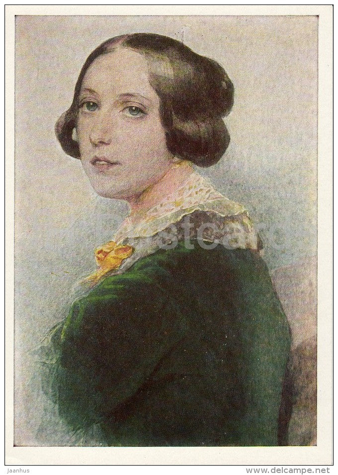 painting by P. Sokolov - Portrait of woman in the green dress , 1830s - Russian art - 1967 - Russia USSR - unused - JH Postcards