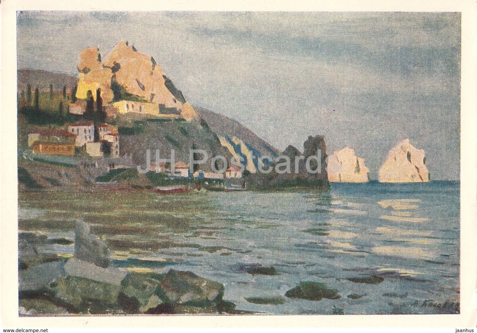 painting by V. Basov - Gurzuf . Sea - Russian art - 1955 - Russia USSR - unused - JH Postcards