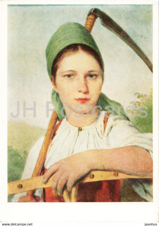 painting by A. Venetsianov - Peasant woman with a scythe and a rake - Russian art - 1964 - Russia USSR - unused - JH Postcards