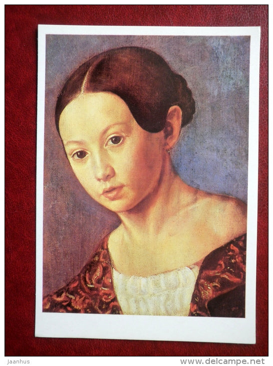 painting by Grigory Soroka , Portrait of Elizaveta Nikolaevna Milyukova , 1840s - russian art - unused - JH Postcards