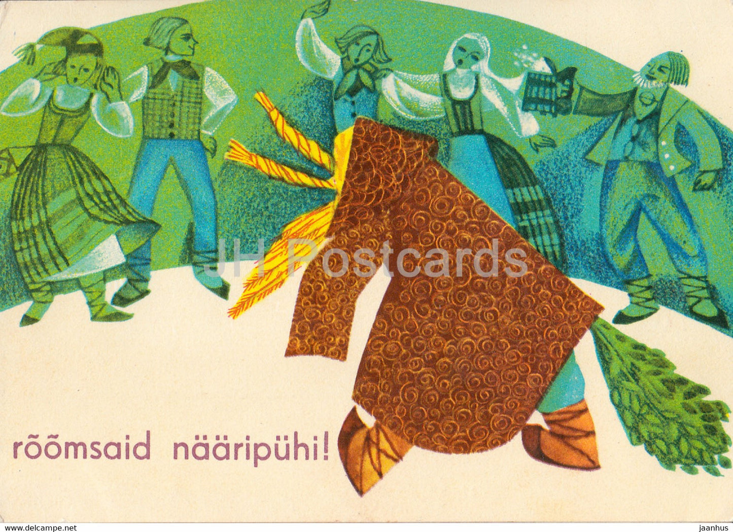 New Year Greeting Card by I. Sampu Raudsepp - folk costumes - Yule goat - 1968 - Estonia USSR - used - JH Postcards
