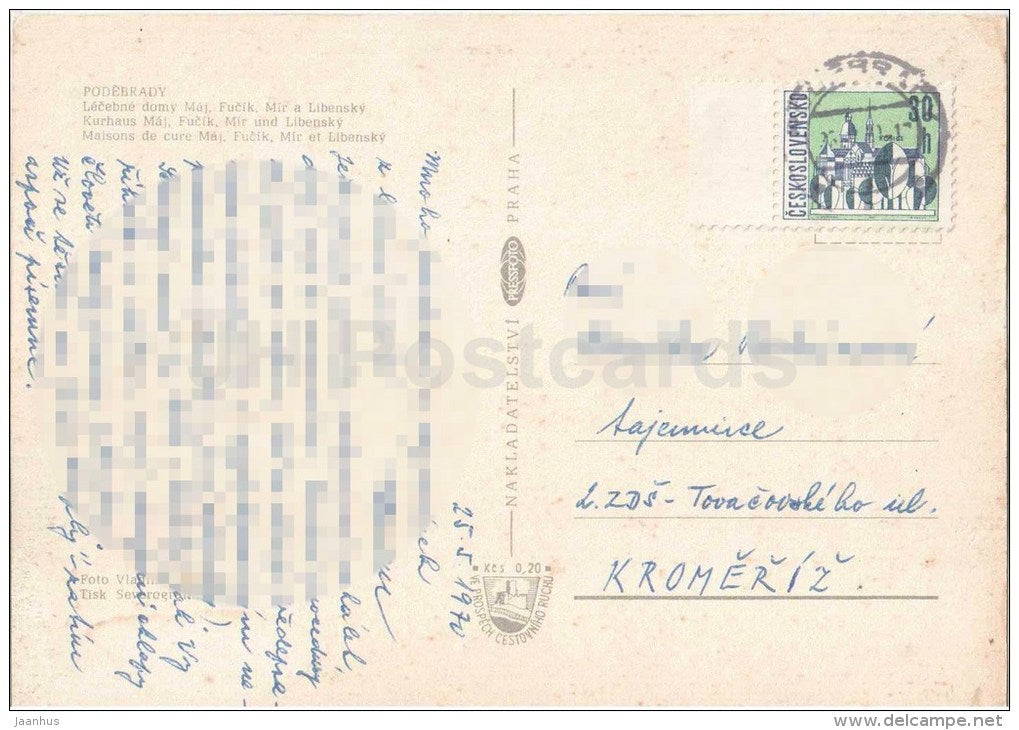 Lazne Podebrady - spa - Spa houses - Maj , Fucik , Mir , Libensky - Czechoslovakia - Czech - used 1970 - JH Postcards