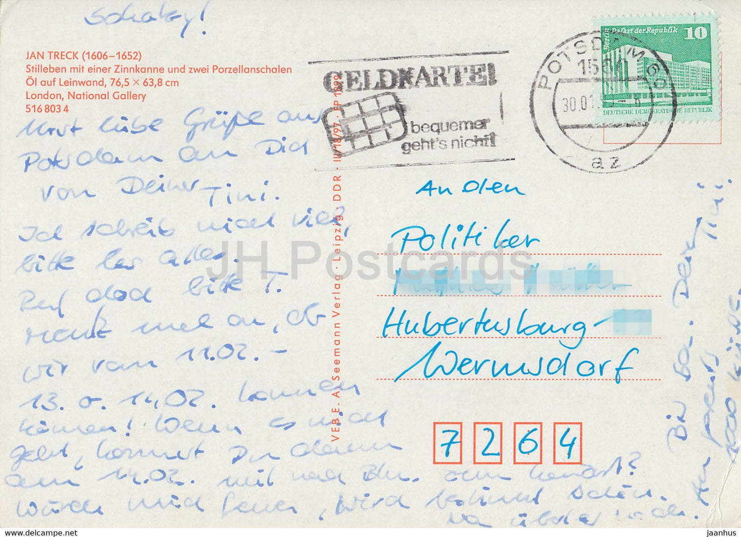 peinture de Jan Jansz Treck - Stilleben mit einer Zinnkanne und zwei Porzellanschalen - Art néerlandais - Allemagne DDR - utilisé