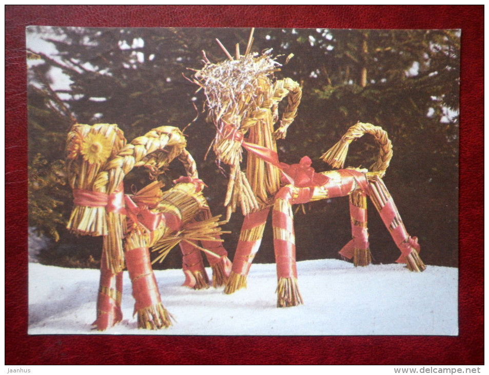 New Year Greeting card - straw animals - 1985 - Estonia USSR - used - JH Postcards