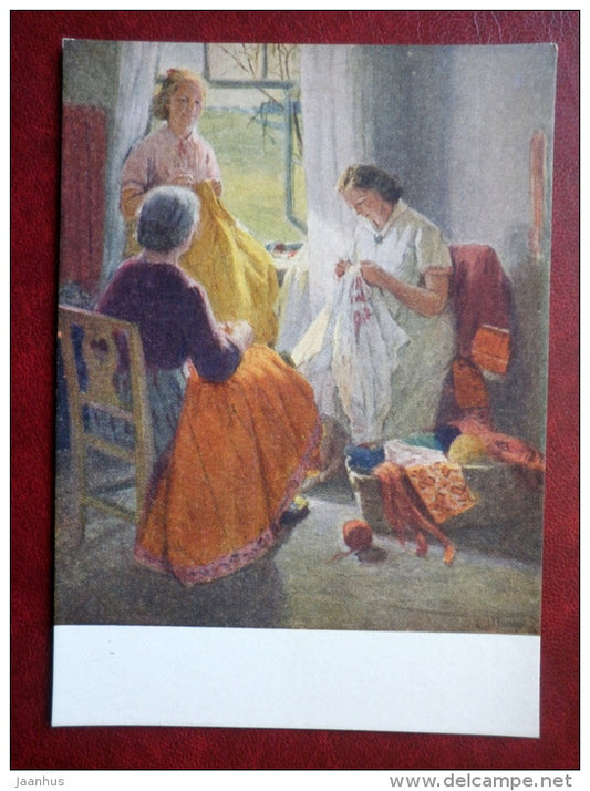 Painting by Leili Muuga - Preparation for the Song Festival - national costumes - estonian art - unused - JH Postcards