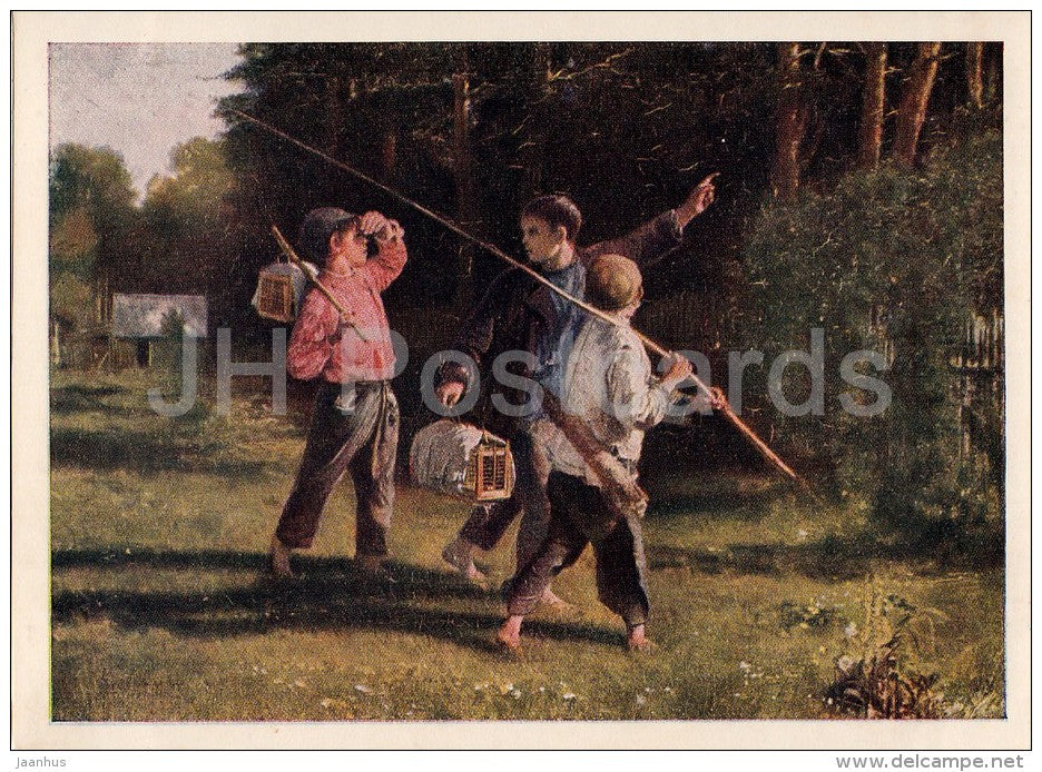 painting by A. Korzukhin - Bird Enemies - boys - Russian art - 1954 - Russia USSR - unused - JH Postcards
