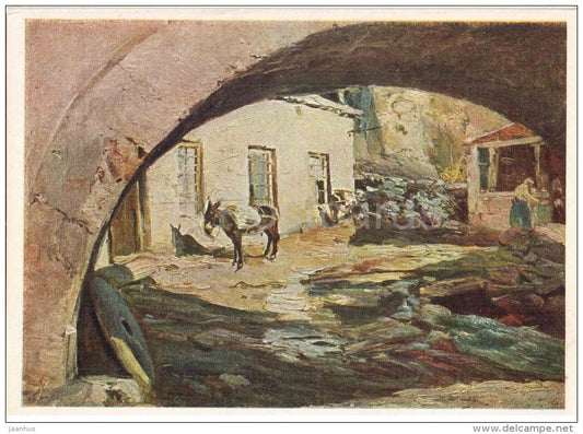 painting by D. Nalbandyan - Old Mill in Ashtarak - donkey - armenian art - unused - JH Postcards