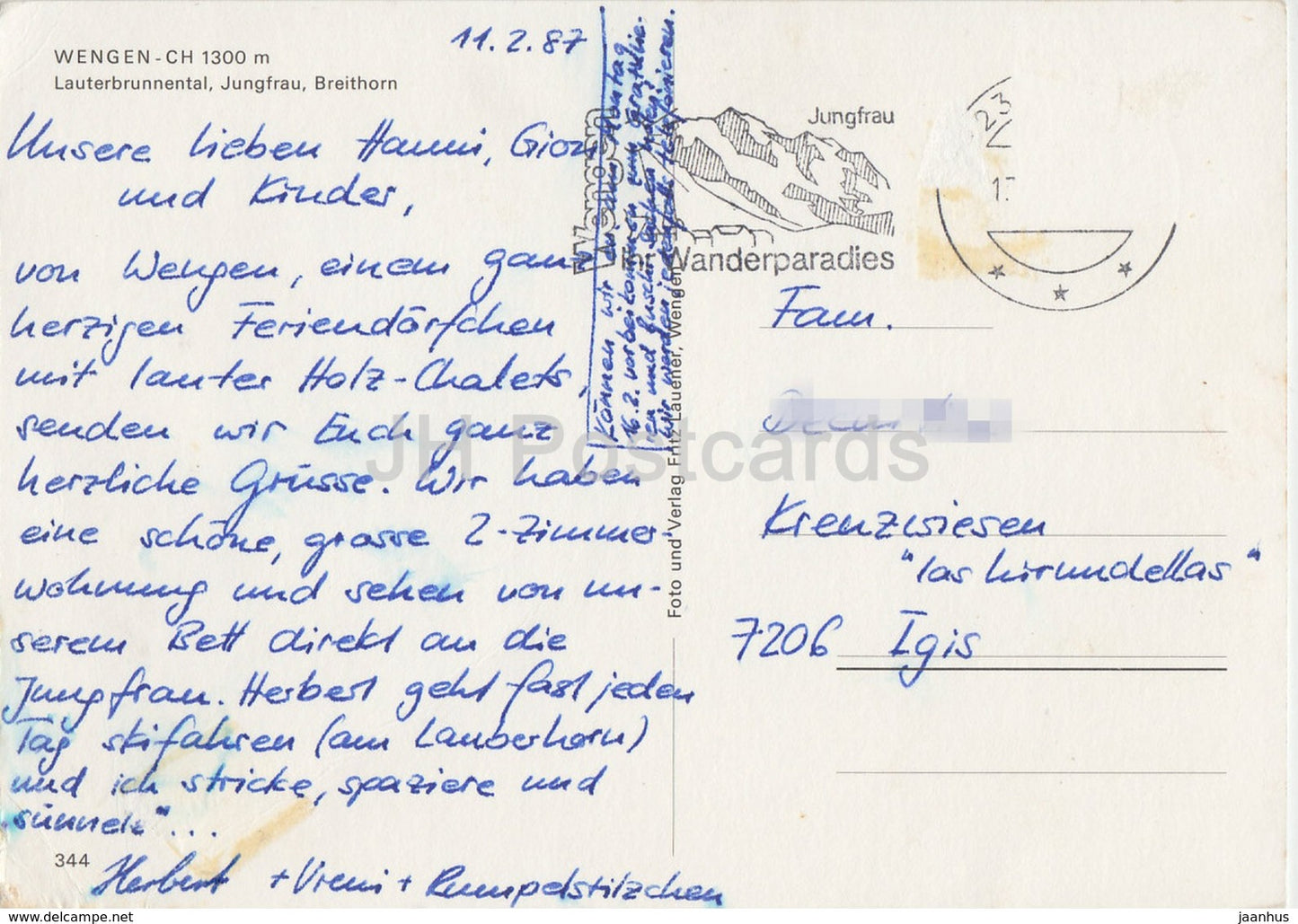 Wengen 1300 m - Lauterbrunnental - Jungfrau - Breithorn - 344 - 1987 - Suisse - occasion