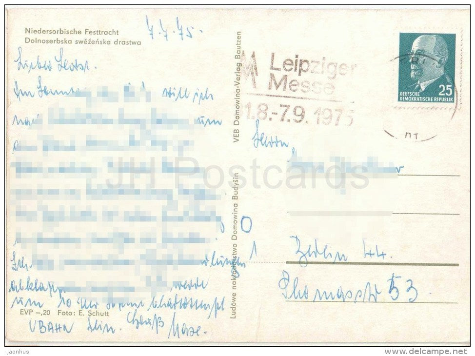 Niedersorbische Festtracht - folk costumes - Germany - 1975 gelaufen - JH Postcards