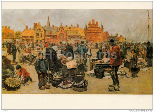 painting by Hanus Schwaiger - Fish Market in Brugges , 1889 - Czech art - large format card - Czech - unused - JH Postcards