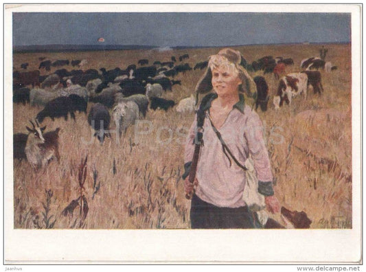 painting by A. Plastov - Vitya - Herdsboy - cow - boy - russian art - unused - JH Postcards