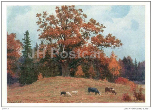 painting by B. Shcherbakov - Oak secluded - cow - Pushkin Reserve - 1972 - Russia USSR - unused - JH Postcards