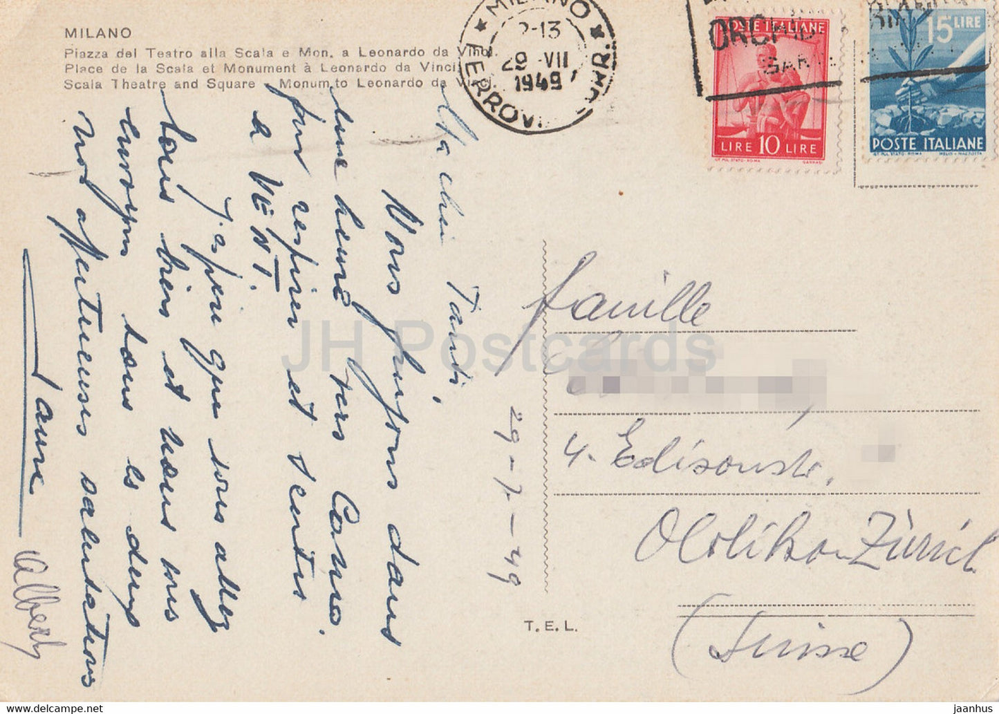 Milano - Milan - Piazza del Teatro alla Scala e Mon a Leonardo da Vinci - tram - car 1949 - old postcard - Italy - used