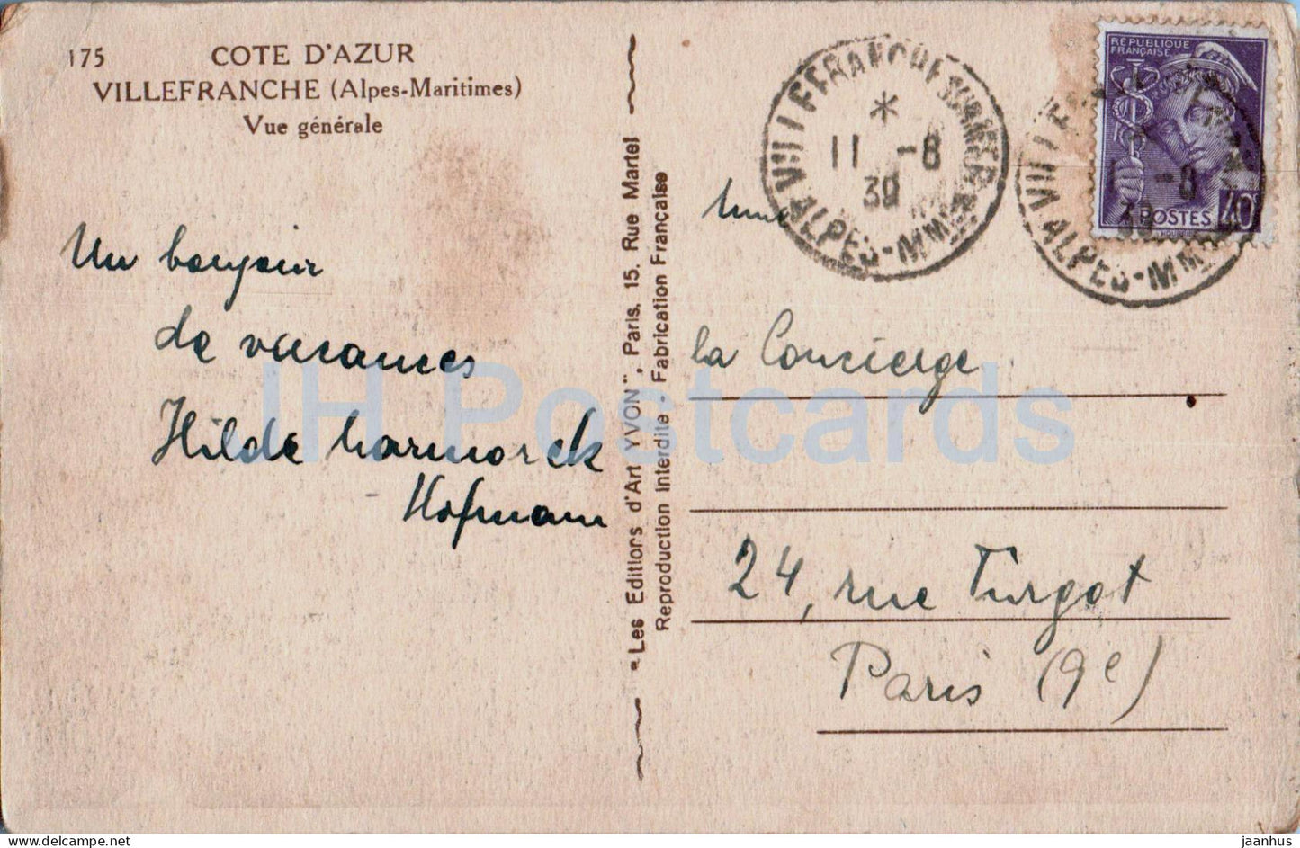 Cote d'Azur - Villefranche - Vue Generale - 175 - alte Postkarte - 1939 - Frankreich - gebraucht 