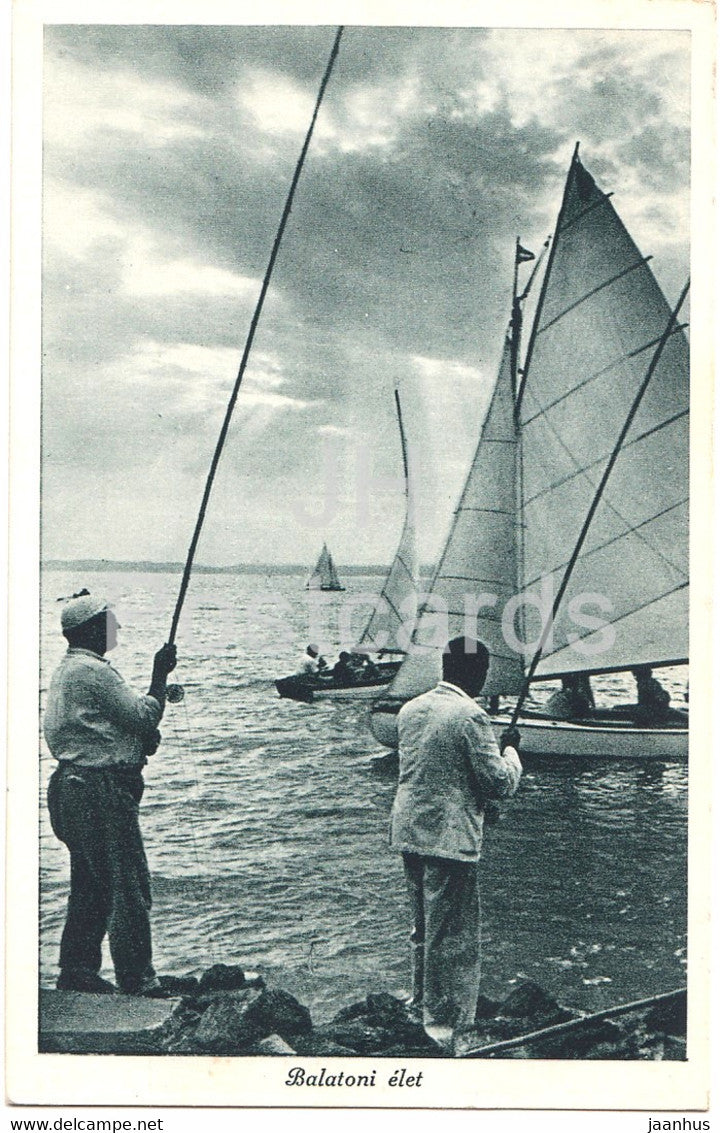 Balatoni elet - Leben am Balaton See - sailing boat - fishing - old postcard - 1921 - Hungary - used - JH Postcards