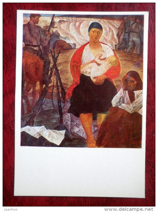 Painting by F. Savitsky - partisan Madonna . 1967 - horse - rifles - russian art - unused - JH Postcards