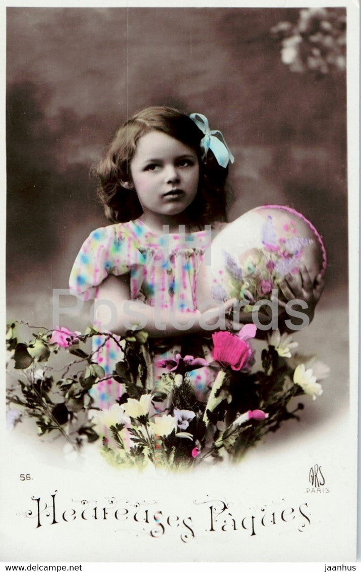 Easter Greeting Card - Heureuses Paques - girl - eggs - 56 - ARS Paris - old postcard - old postcard - France - unused - JH Postcards
