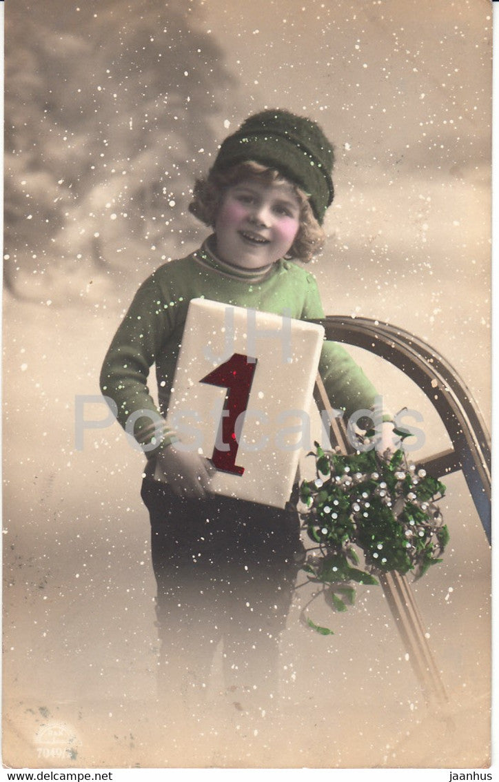 New Year Greeting Card - boy - sledge - R K L 7049 - old postcard - Germany - used - JH Postcards