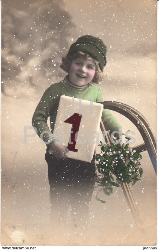 New Year Greeting Card - boy - sledge - R K L 7049 - old postcard - Germany - used - JH Postcards