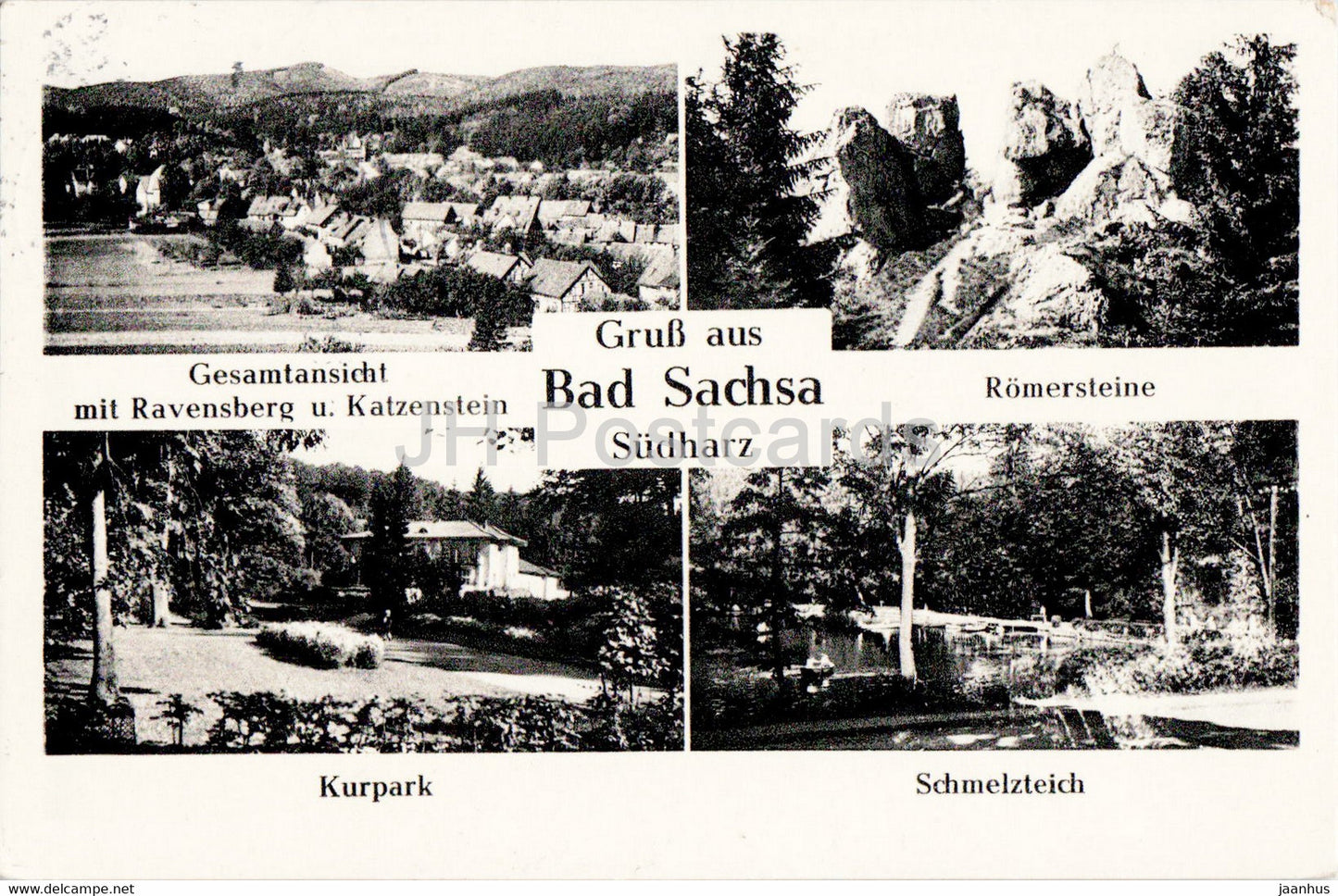 Gruss aus Bad Sachsa - Sudharz - Ravensberg - Katzenstein - Romersteine - Kurpark - 1964 - Germany - used - JH Postcards