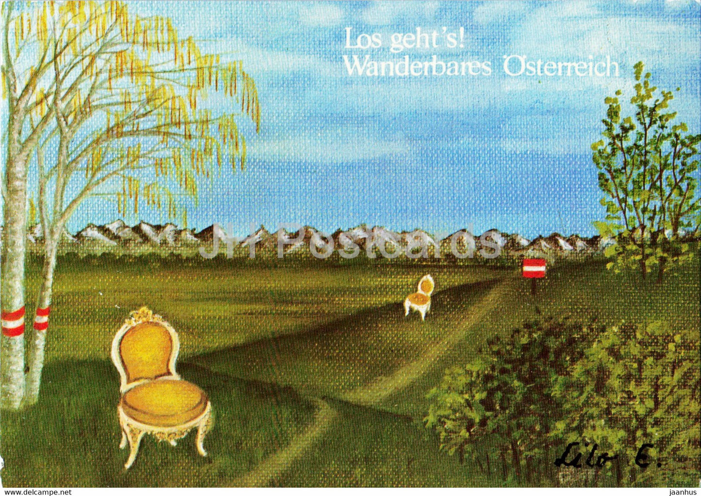 painting by Lilo Emmerling - Los Geht's - Wanderbares Osterreich - 1 - German art - Austria - unused - JH Postcards