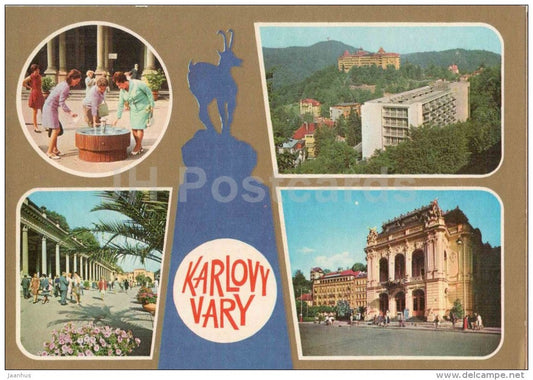 Karlovy Vary - Karlsbad - spa - Prince Wenceslas spring - sanatorium Imperial - theatre  Czechoslovakia - Czech - unused - JH Postcards