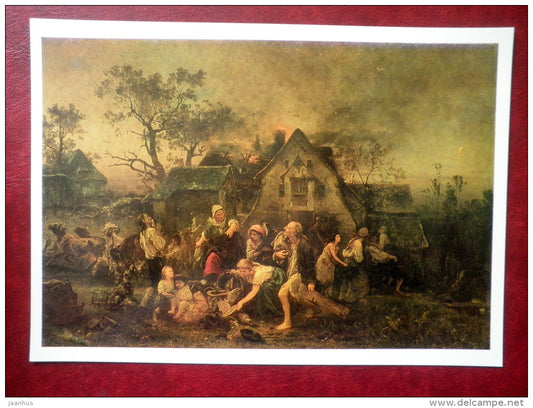 large format postcard - painting by Ludwig Knaus - Fire on a Farm , 1854 - german art - unused - JH Postcards