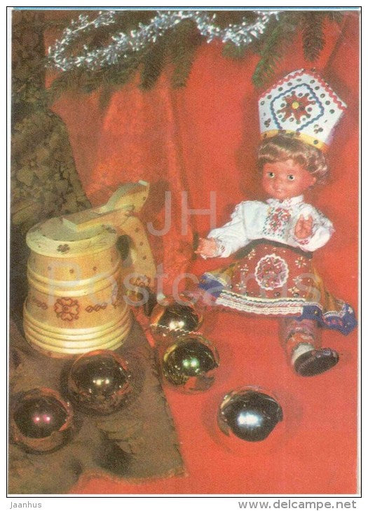 New Year Greeting card - 1 - decorations - beer mug - doll in folk costumes - 1976 - Estonia USSR - used - JH Postcards
