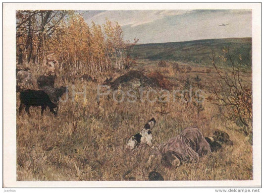 painting by A. Plastov - The Nazi Plane is Gone - cow - dog - russian art - unused - JH Postcards