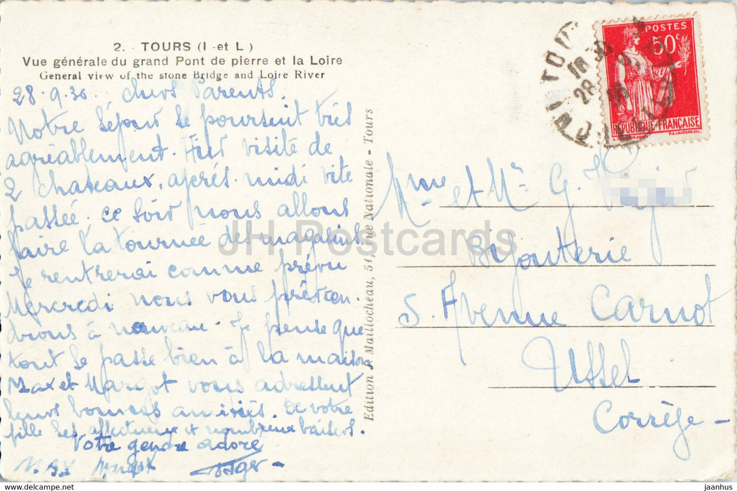 Tours - Vue Generale du grand Pont de pierre et la Loire - bridge - 2 - old postcard - 1936 - France - used