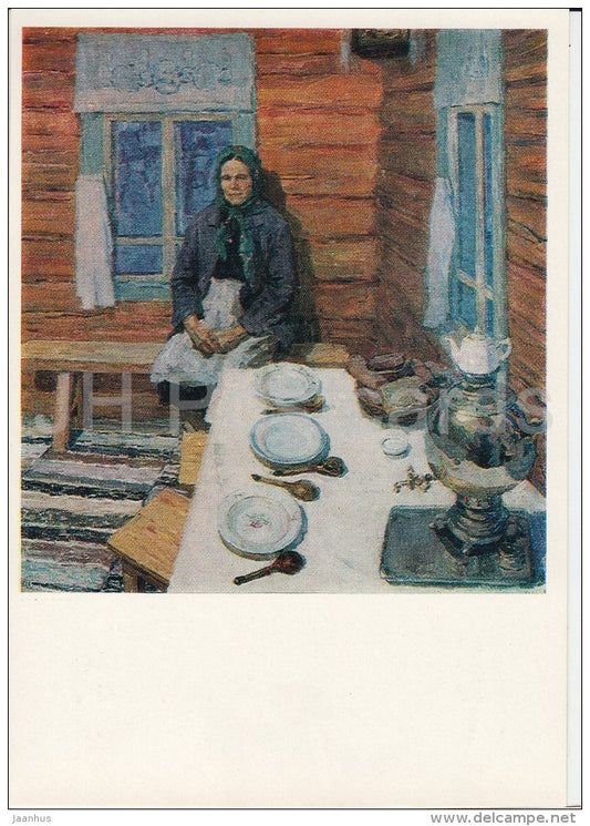 painting by K. Kazanchan - Mother , 1969 - samovar - Russian art - Russia USSR - 1976 - unused - JH Postcards