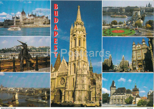 Budapest - panorama - view - cathedral - bridge - parliament - architecture - 2001 - Hungary - used - JH Postcards
