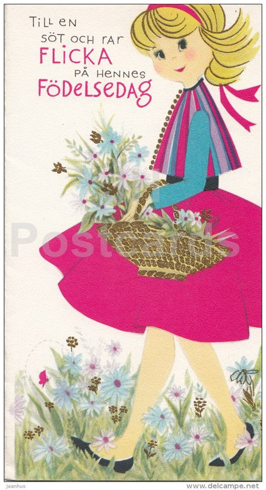 Birthday Greeting Card - a cute and sweet girl on her birthday - flowers with basket - Sweden - used - JH Postcards