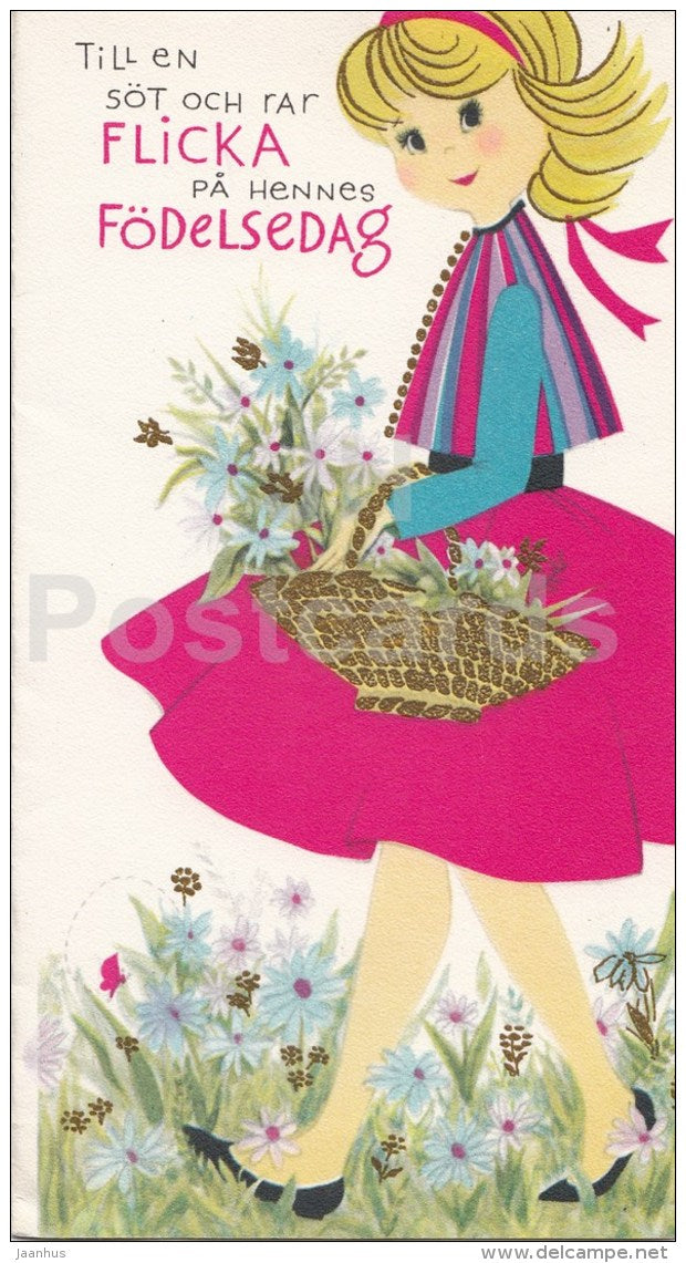 Birthday Greeting Card - a cute and sweet girl on her birthday - flowers with basket - Sweden - used - JH Postcards