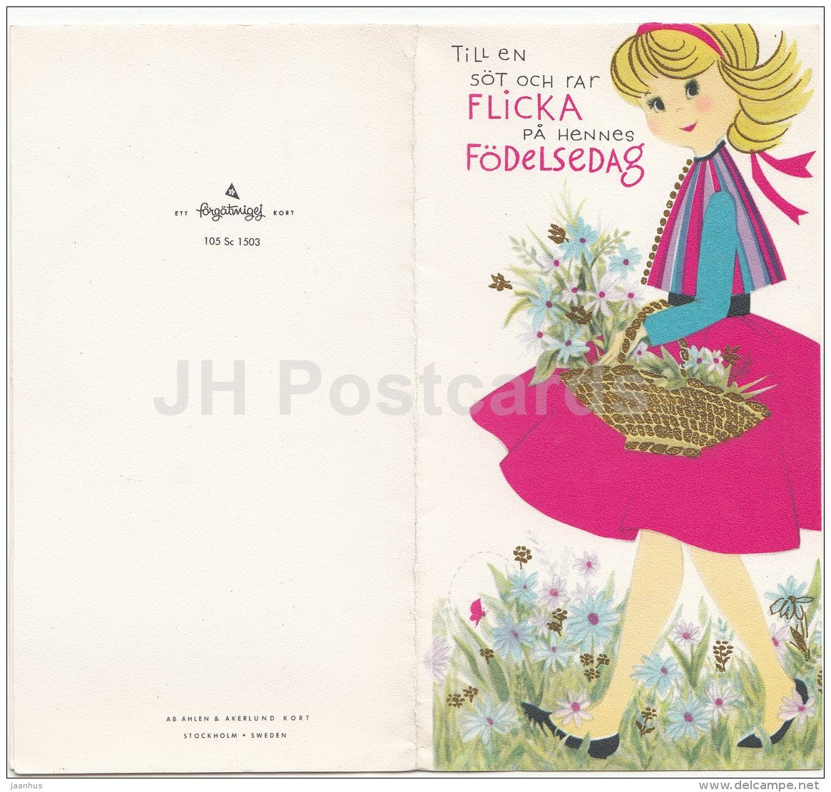 Birthday Greeting Card - a cute and sweet girl on her birthday - flowers with basket - Sweden - used - JH Postcards