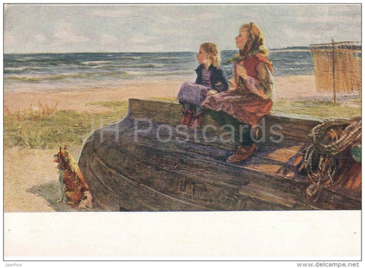 painting by O. Yanovskaya - They are Waiting - boat - dog - sea - russian art - unused - JH Postcards