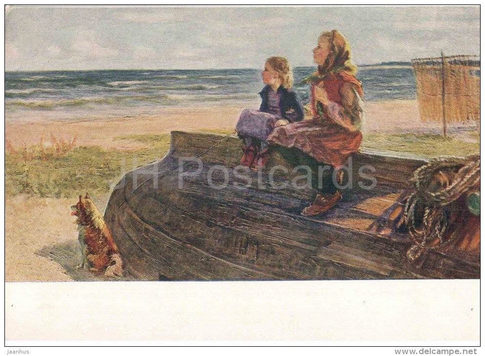 painting by O. Yanovskaya - They are Waiting - boat - dog - sea - russian art - unused - JH Postcards
