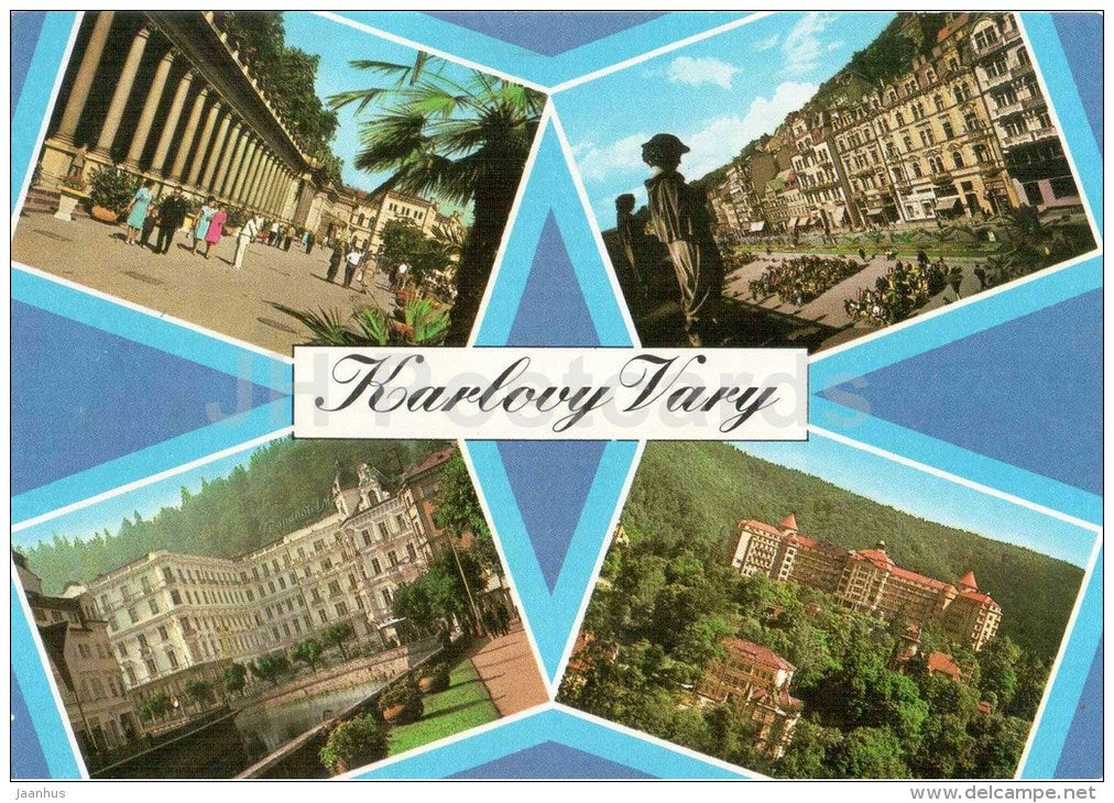 Karlovy Vary - Karlsbad - colonnade - frand hotel Moskva-Pupp - sanatorium Imperial - Czechoslovakia - Czech - unused - JH Postcards