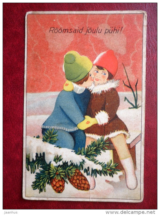 Christmas Greeting Card - girl and boy - circulated in 1932 - Estonia - used - JH Postcards