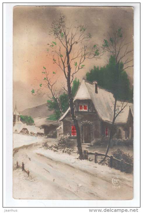 winter - house - CEKO 1604 - old postcard - circulated in Estonia - used - JH Postcards