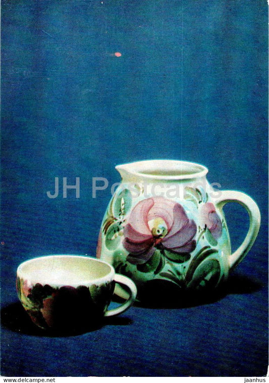 Kvass pitcher and mug by Gavrilov - faience - Soviet arts and crafts - 1973 - Russia USSR - unused - JH Postcards