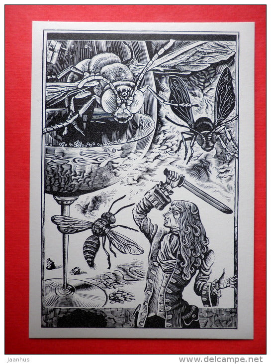 illustration by S. Harlamov - Flies - Gulliver's Travels by D. Swift - 1978 - Russia USSR - unused - JH Postcards