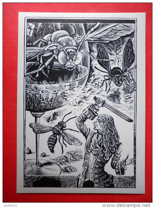 illustration by S. Harlamov - Flies - Gulliver's Travels by D. Swift - 1978 - Russia USSR - unused - JH Postcards