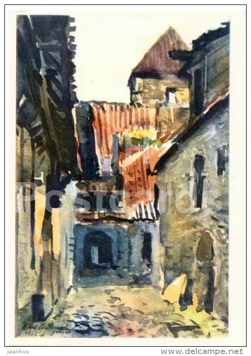 illustration by K. Burman - Courtyard of Old Town - Tallinn - 1968 - Estonia USSR - unused - JH Postcards